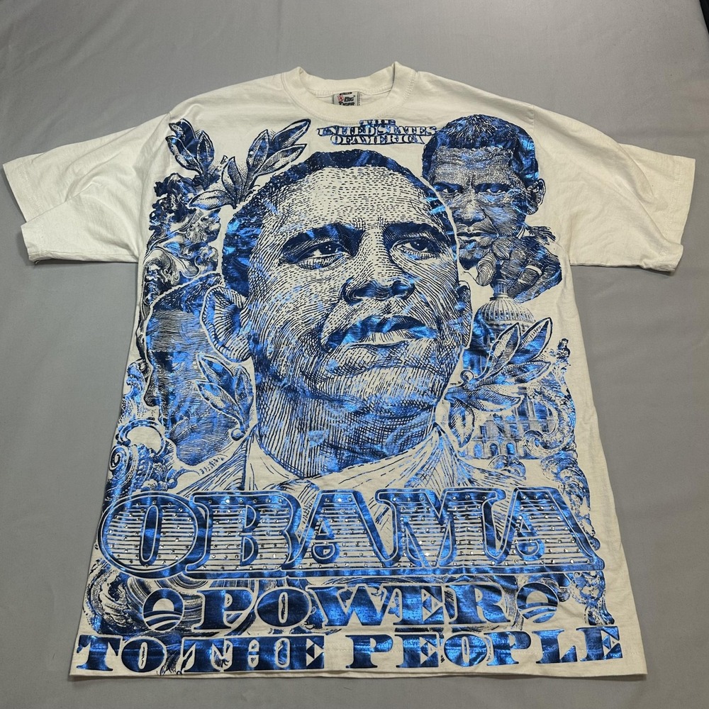 Obama Shirt Mens XLT White Blue Power to the People Rhinestone Streetwear USA